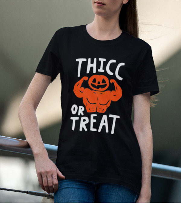 Thicc Or Treats Pumpkin Flexing Muscles T-Shirt