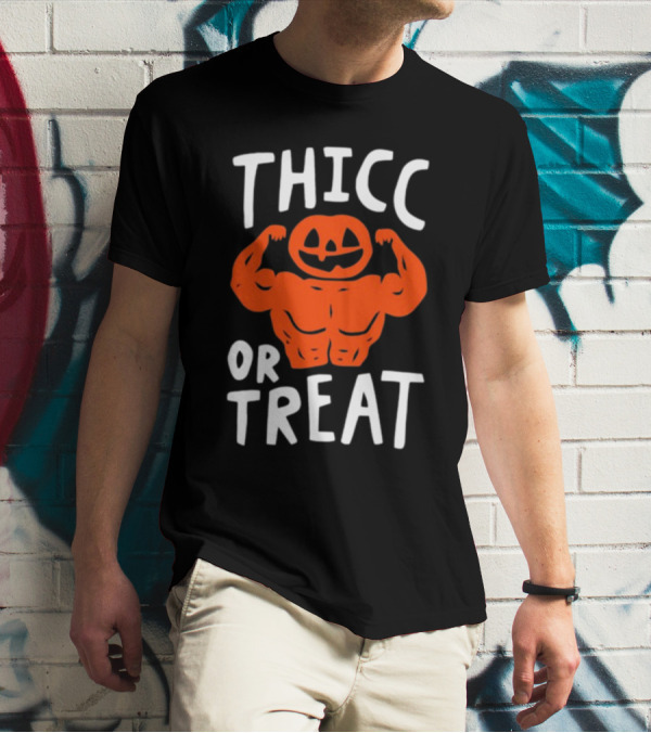 Thicc Or Treats Pumpkin Flexing Muscles T-Shirt