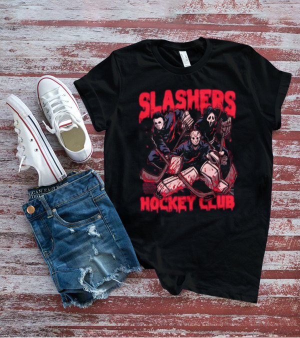 Slashers Hockey Club Horror Icons With Masks And Sticks T-Shirt