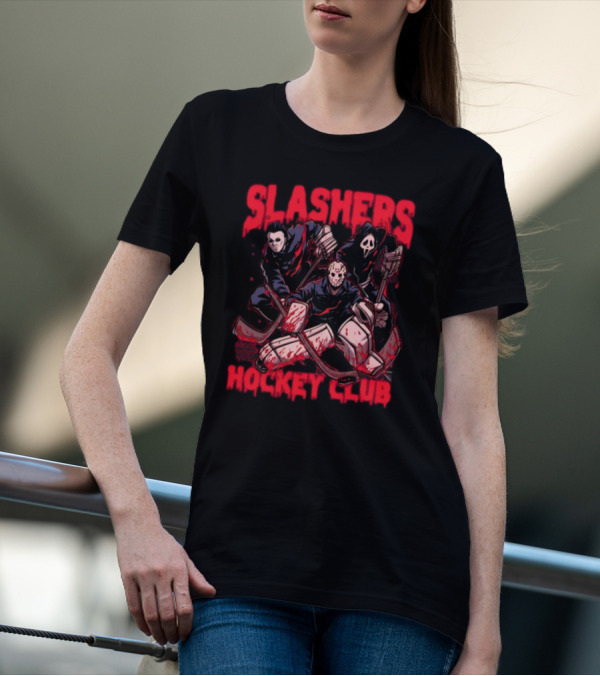 Slashers Hockey Club Horror Icons With Masks And Sticks T-Shirt