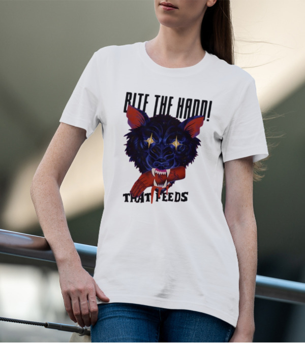 Galactixy Bite The Hand That Feeds Wolf With Glowing Eyes Holding Severed Hand T-Shirt