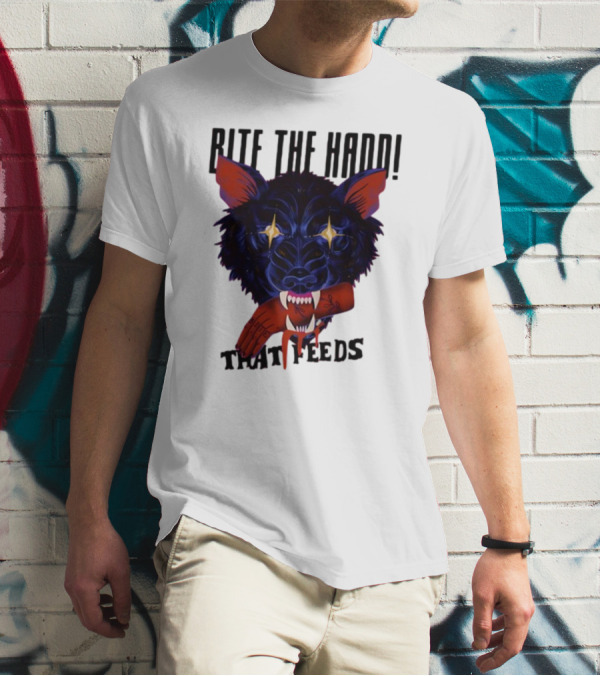 Galactixy Bite The Hand That Feeds Wolf With Glowing Eyes Holding Severed Hand T-Shirt