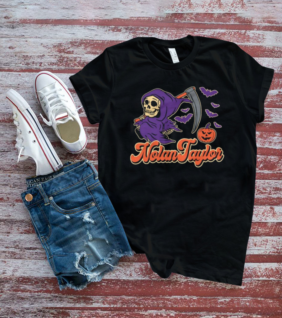 NolanTaylor Halloween Grim Reaper With Scythe And Pumpkin Bats T-Shirt