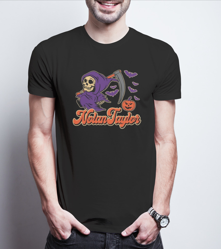 NolanTaylor Halloween Grim Reaper With Scythe And Pumpkin Bats T-Shirt