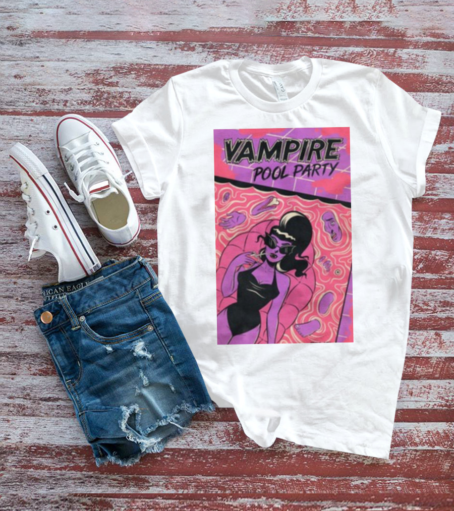 Vampire Pool Party Retro Vibes With Tragic Girl And Floating Accessories T-Shirt