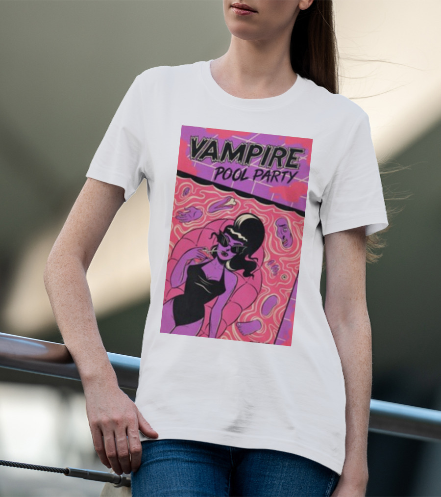 Vampire Pool Party Retro Vibes With Tragic Girl And Floating Accessories T-Shirt