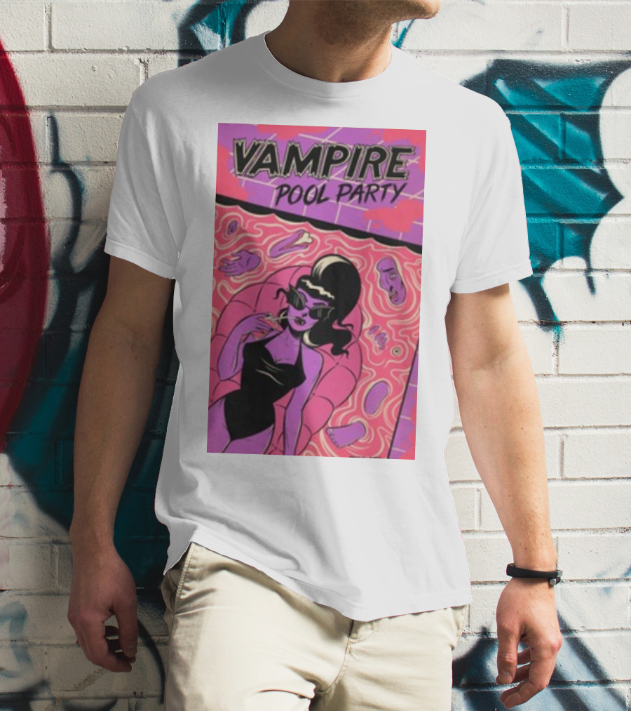 Vampire Pool Party Retro Vibes With Tragic Girl And Floating Accessories T-Shirt