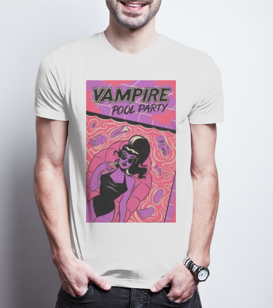Vampire Pool Party Retro Vibes With Tragic Girl And Floating Accessories T-Shirt