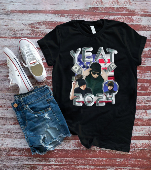 Yeat 2024 Metallic Text With Dollar Bills And American Flag Background T-Shirt