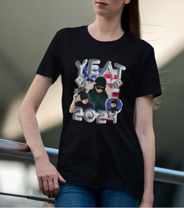 Yeat 2024 Metallic Text With Dollar Bills And American Flag Background T-Shirt