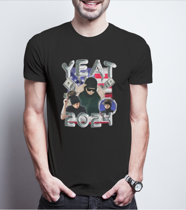 Yeat 2024 Metallic Text With Dollar Bills And American Flag Background T-Shirt
