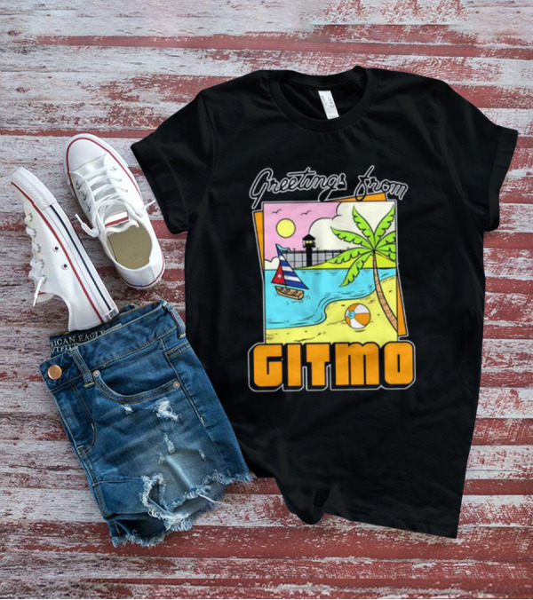 Greetings From Gitmo Sunshine Beach Scene With Palm Trees And Sailboat T-Shirt