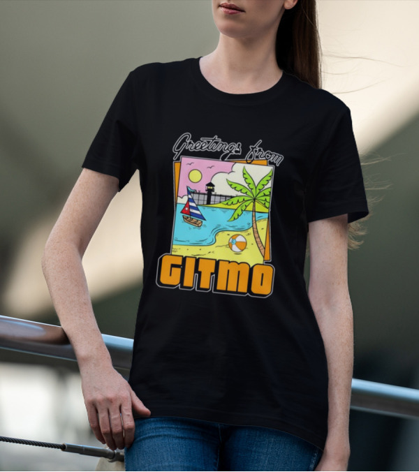 Greetings From Gitmo Sunshine Beach Scene With Palm Trees And Sailboat T-Shirt