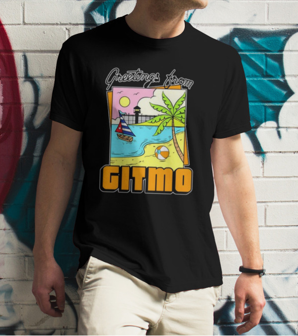 Greetings From Gitmo Sunshine Beach Scene With Palm Trees And Sailboat T-Shirt