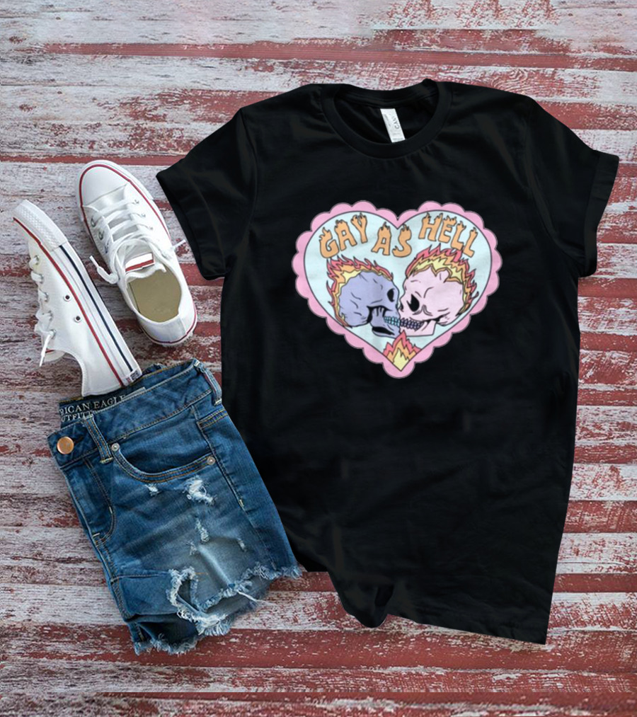 Gay As Hell Flame Skulls Heart T-Shirt