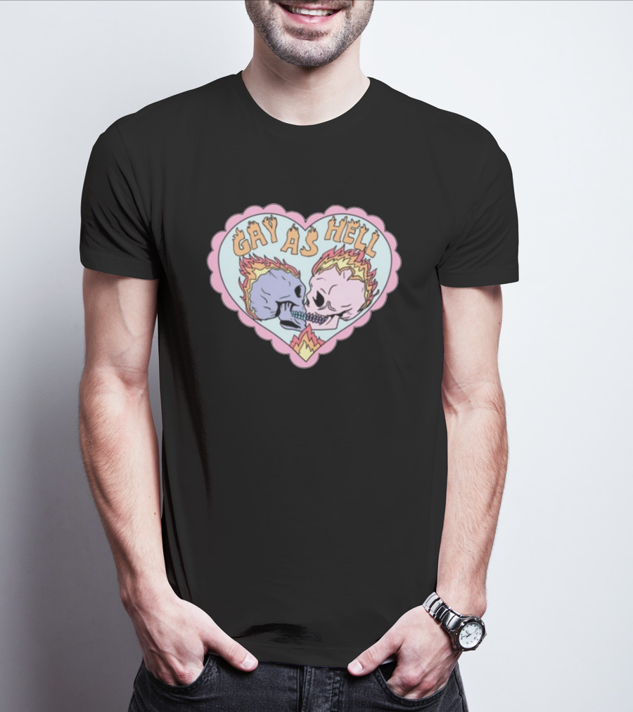 Gay As Hell Flame Skulls Heart T-Shirt