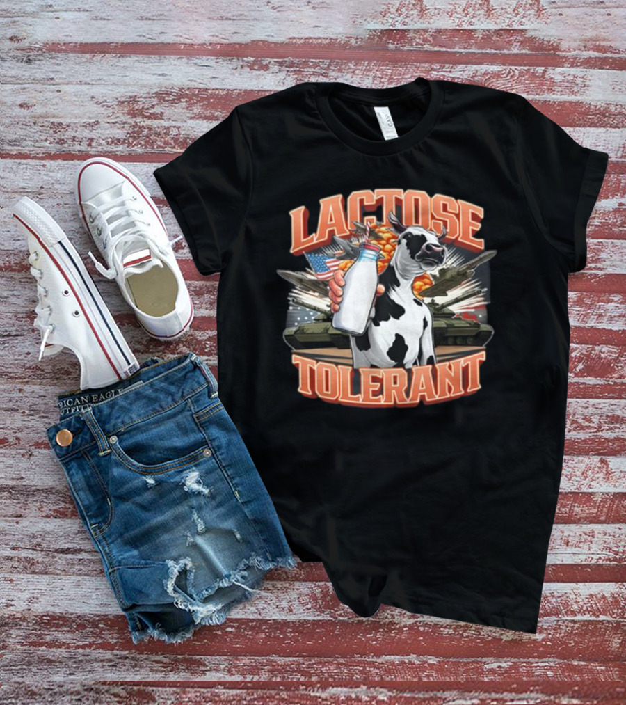 Lactose Tolerant Cow Holding Milk With Explosive Flags And Tanks T-Shirt