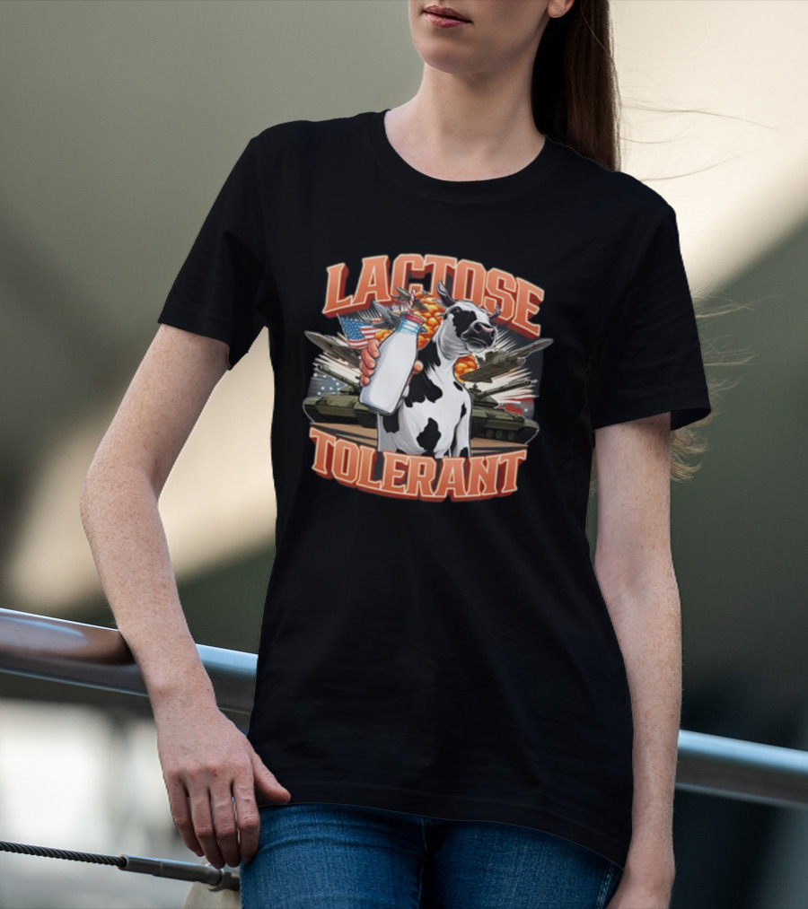 Lactose Tolerant Cow Holding Milk With Explosive Flags And Tanks T-Shirt