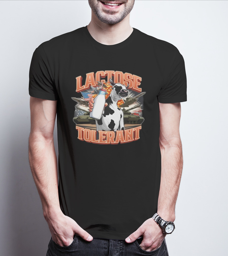 Lactose Tolerant Cow Holding Milk With Explosive Flags And Tanks T-Shirt