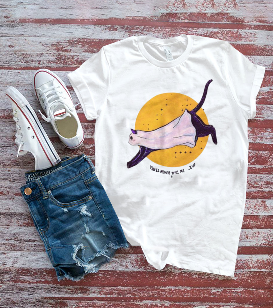 You’ll Never Take Me Alive Cat In Ghost Costume With Yellow Moon And Stars T-Shirt