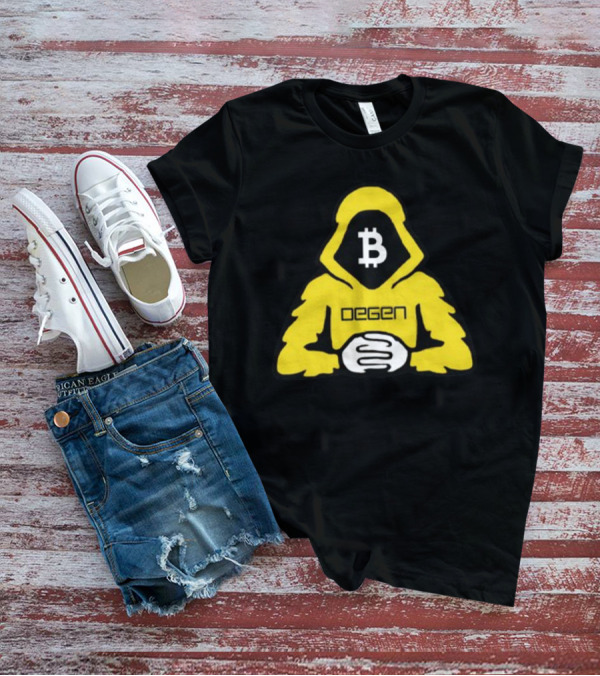 Bitcoin Degen Hooded Figure With Bitcoin Logo And Folded Hands T-Shirt