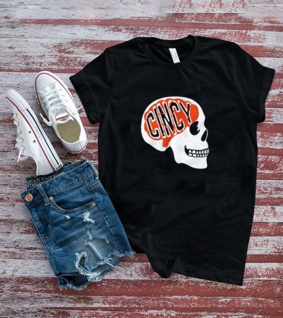 Cincy On The Brain Football Helmet Skull T-Shirt