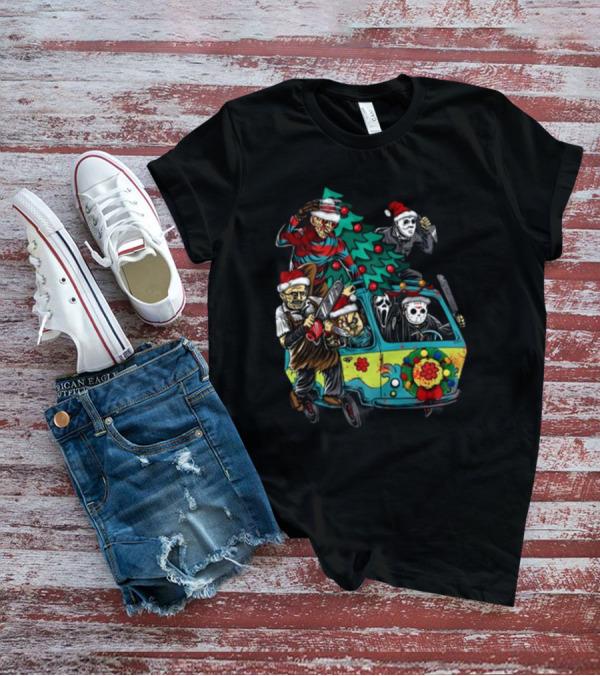 Horror Movie Characters In Christmas Santa Hats With Tree On Fun Van T-Shirt