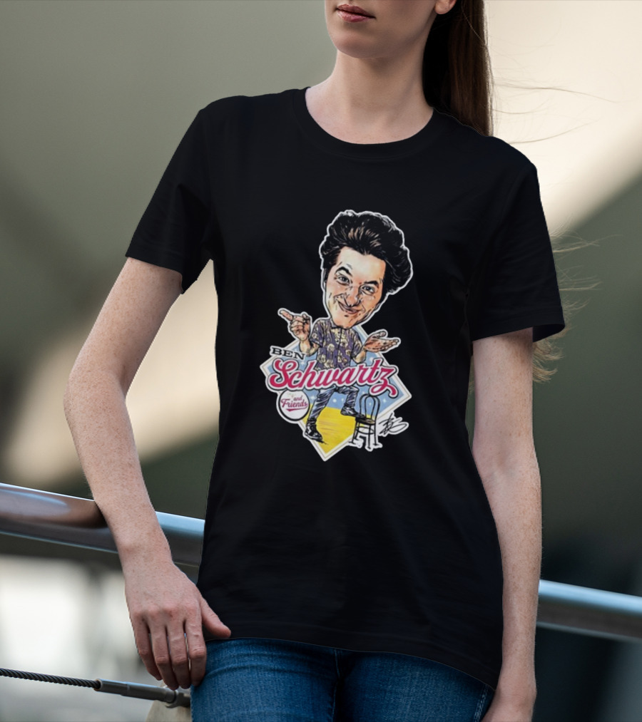 Ben Schwartz Character Illustration With Yellow Stage And Blue Chair T-Shirt