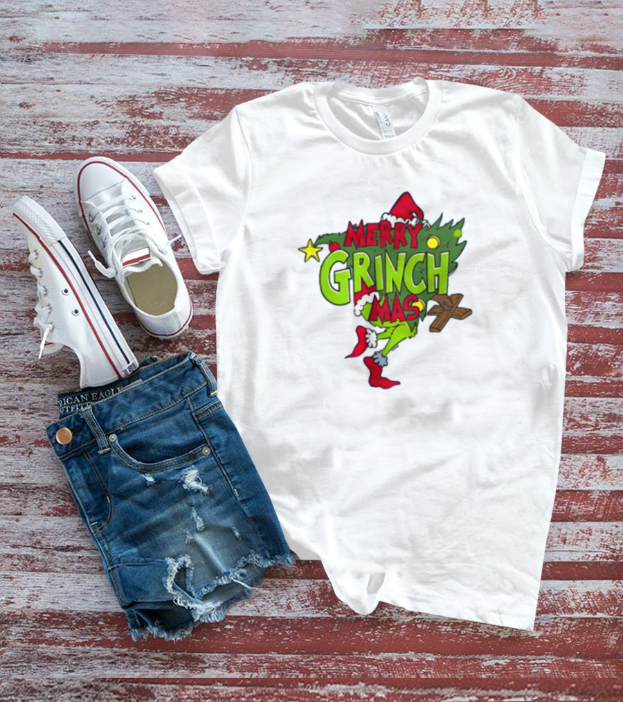 Merry Grinchmas Tree With Santa Hat And Holiday Decorations T-Shirt