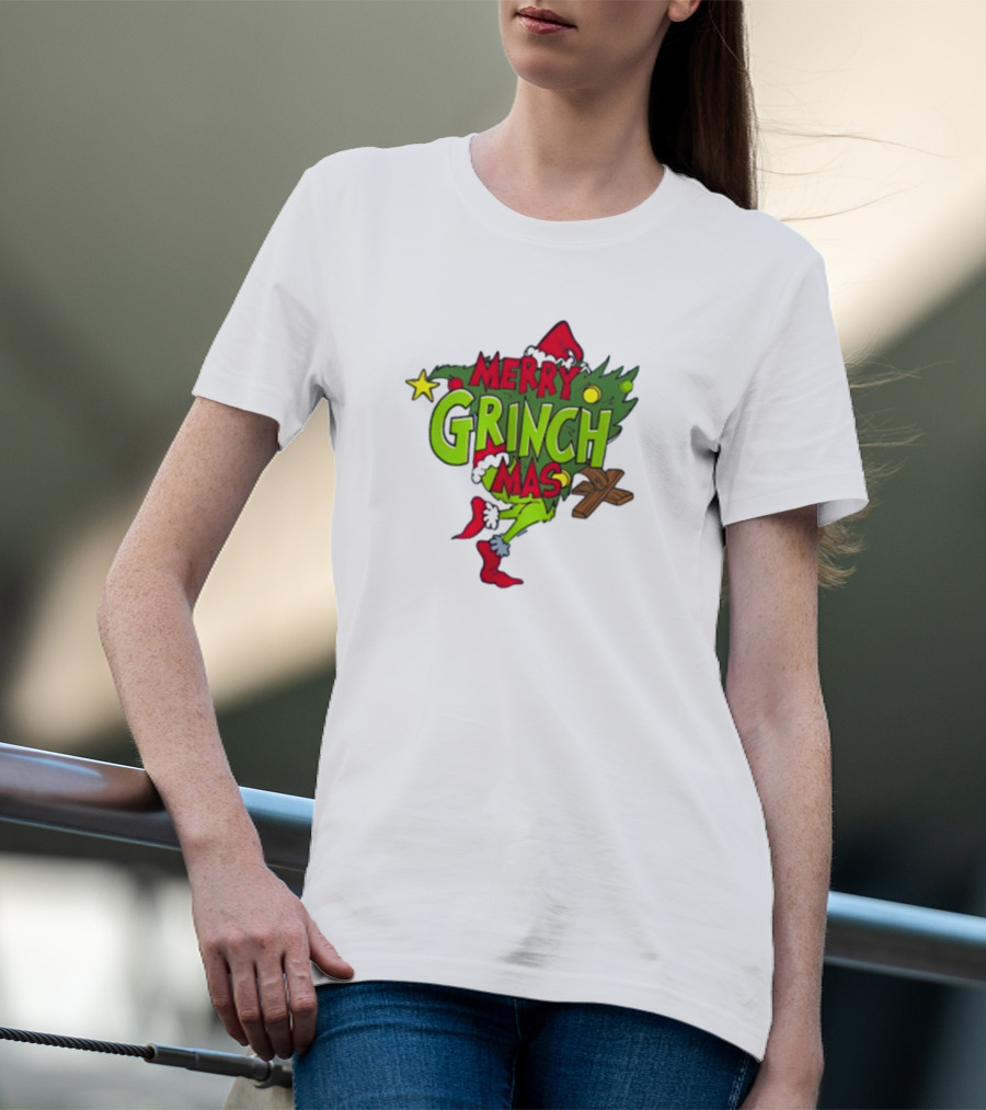 Merry Grinchmas Tree With Santa Hat And Holiday Decorations T-Shirt