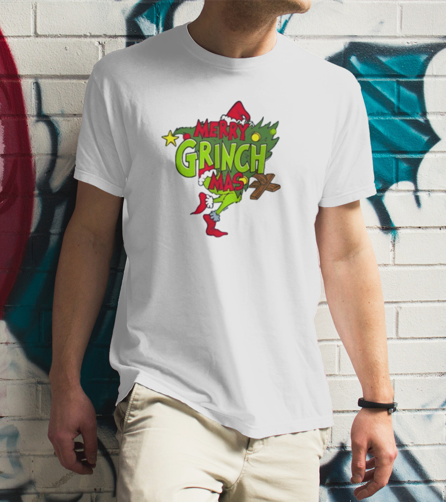 Merry Grinchmas Tree With Santa Hat And Holiday Decorations T-Shirt