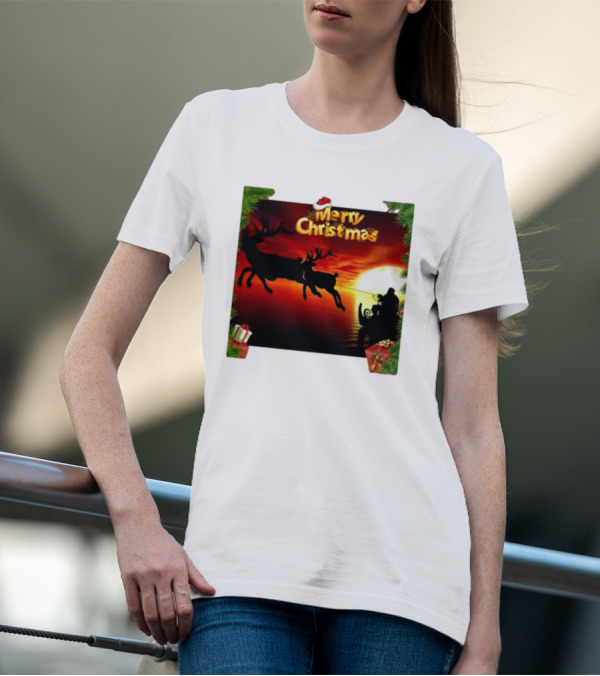 Merry Christmas Santa Claus Sleigh Sunset With Reindeer In Holiday Scene T-Shirt