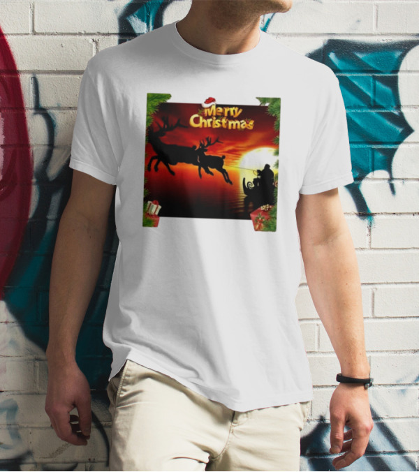 Merry Christmas Santa Claus Sleigh Sunset With Reindeer In Holiday Scene T-Shirt
