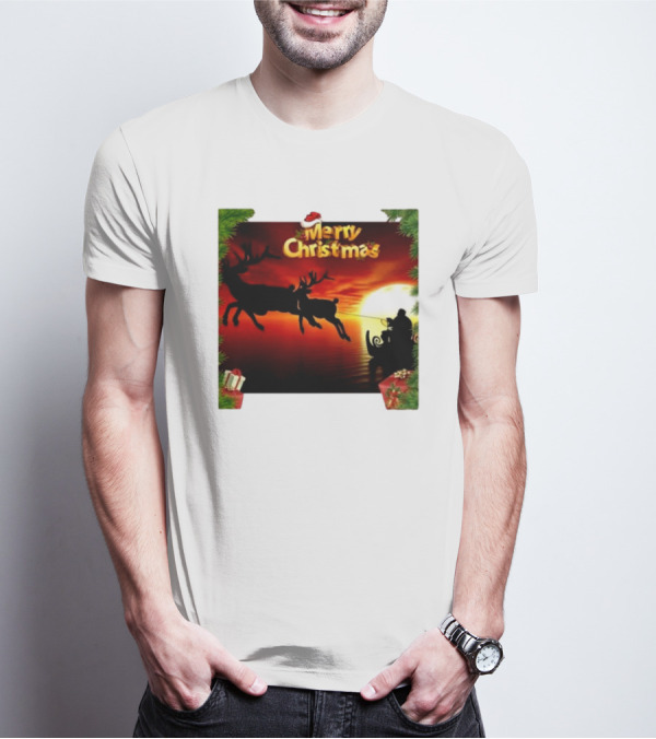 Merry Christmas Santa Claus Sleigh Sunset With Reindeer In Holiday Scene T-Shirt