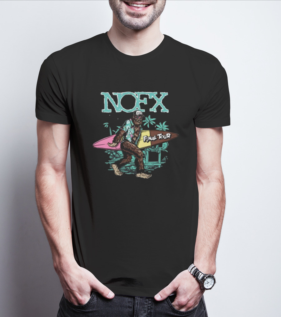 NOFX Final Tour Sasquatch Holding Surfboard Tropical Scene T-Shirt