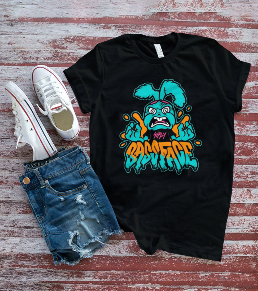 Sippy Bass Face Angry Cartoon Character With Blue And Orange Accents T-Shirt