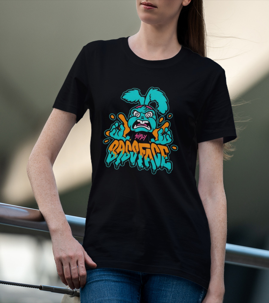 Sippy Bass Face Angry Cartoon Character With Blue And Orange Accents T-Shirt