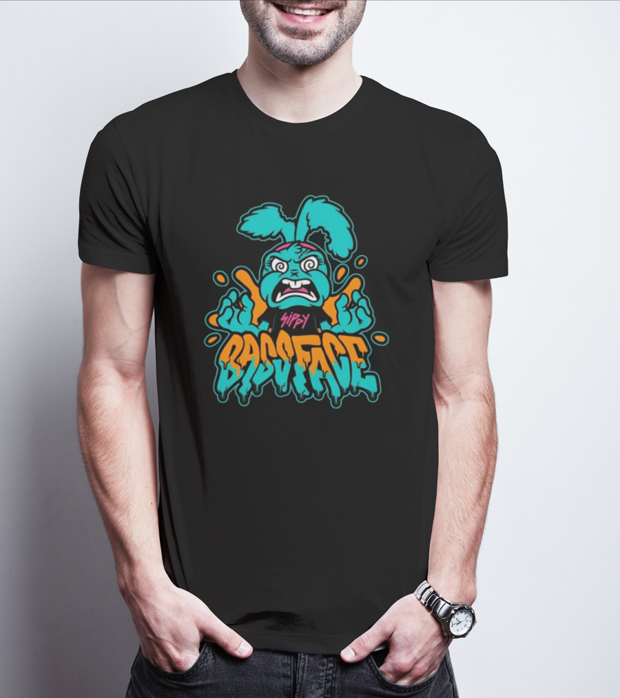 Sippy Bass Face Angry Cartoon Character With Blue And Orange Accents T-Shirt