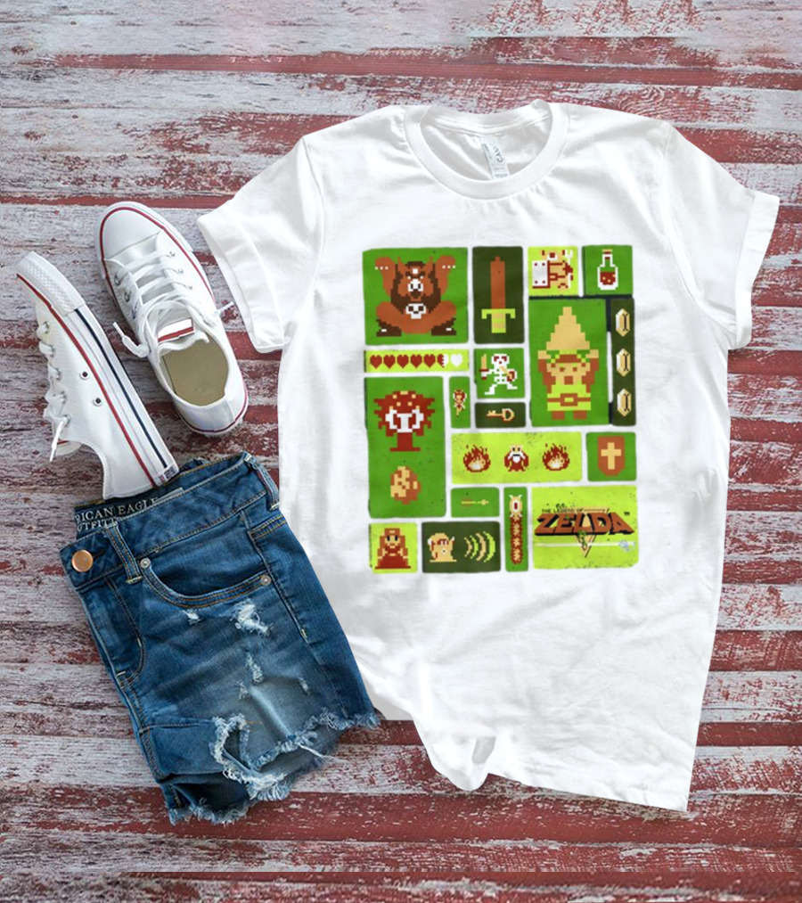 Pixelated Zelda And Link Adventure Icons Mosaic With Sword And Hearts T-Shirt