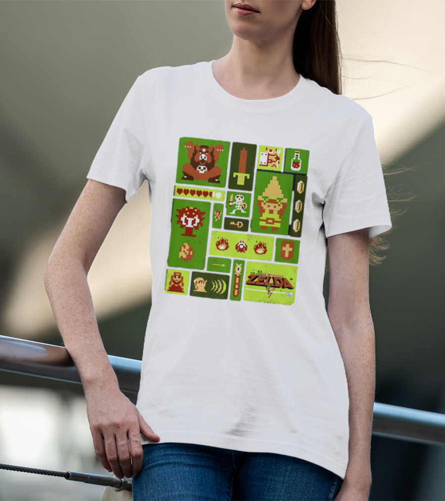 Pixelated Zelda And Link Adventure Icons Mosaic With Sword And Hearts T-Shirt