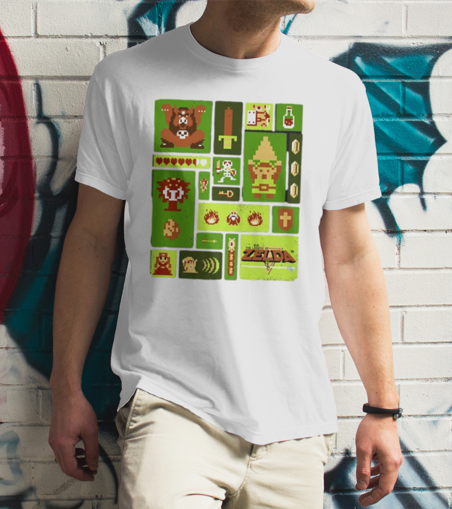 Pixelated Zelda And Link Adventure Icons Mosaic With Sword And Hearts T-Shirt