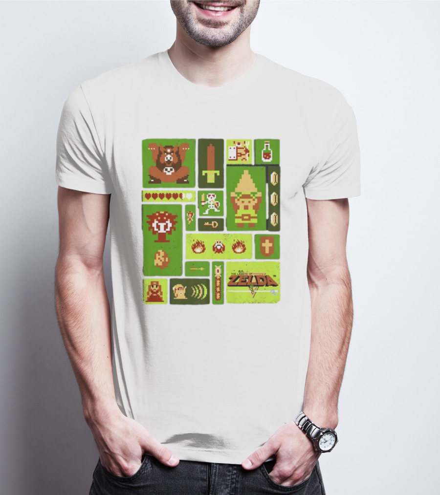 Pixelated Zelda And Link Adventure Icons Mosaic With Sword And Hearts T-Shirt