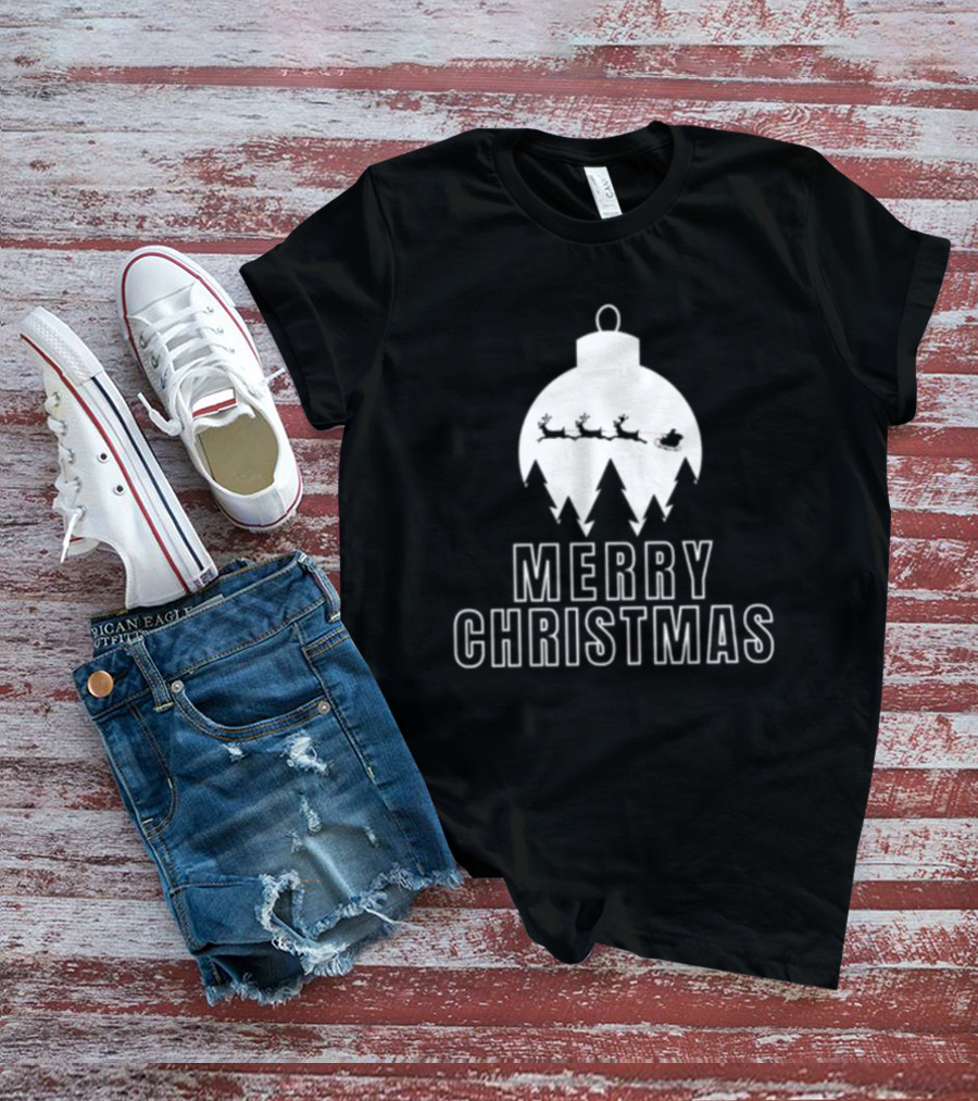 Merry Christmas Ornament Reindeer Sleigh And Trees T-Shirt