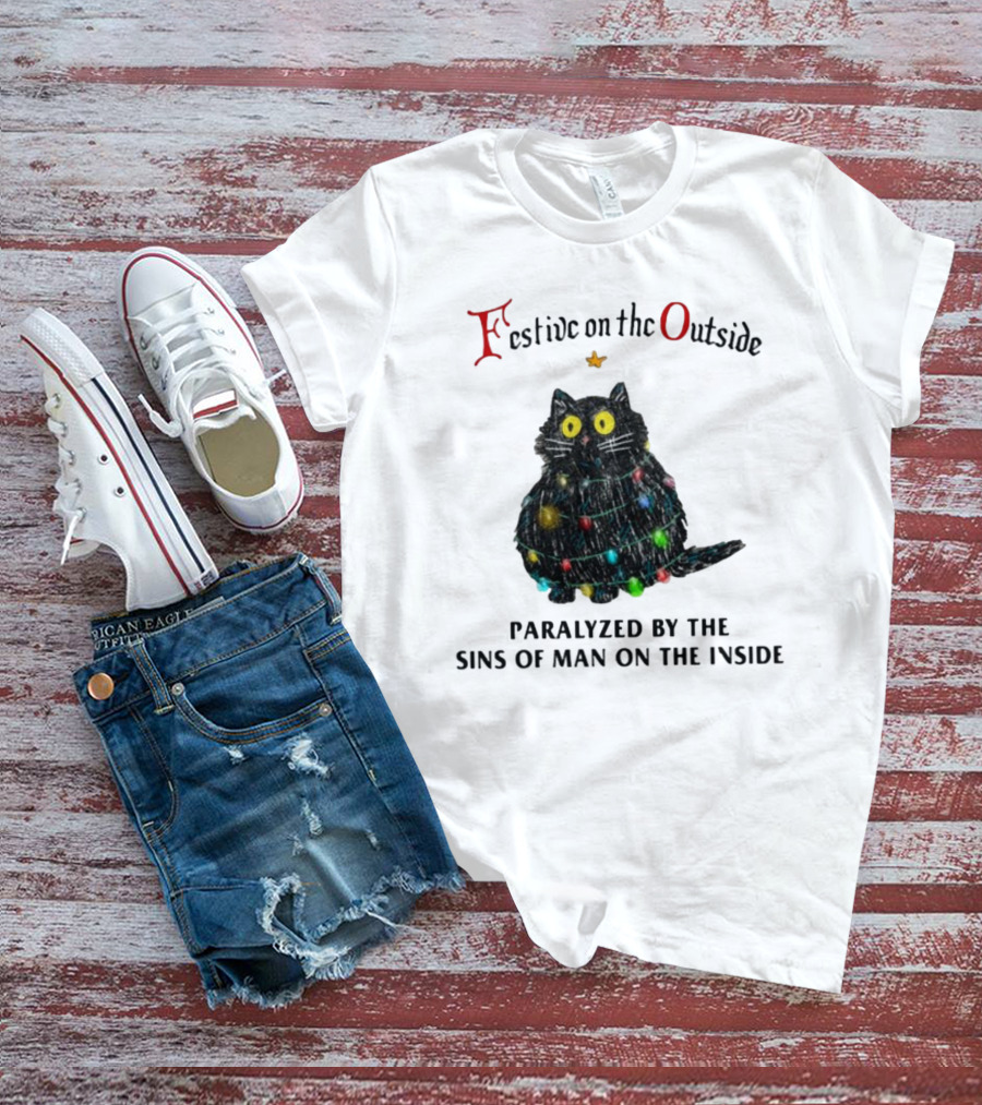 Festive On The Outside Paralyzed By The Sins Of Man On The Inside Cat Wrapped In Christmas Lights T-Shirt
