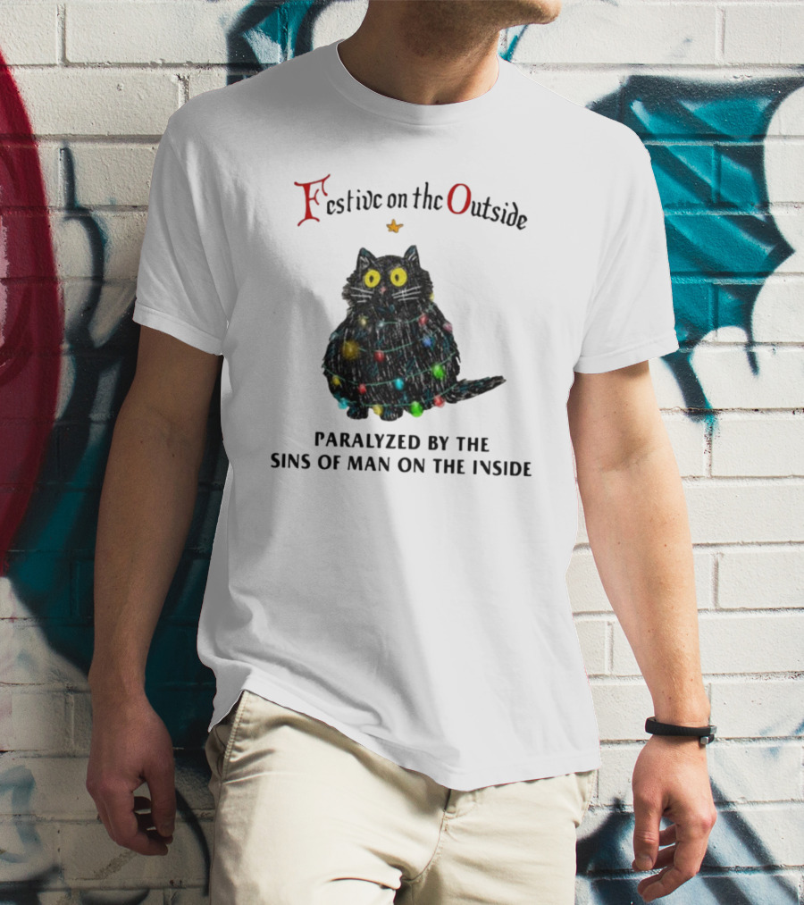 Festive On The Outside Paralyzed By The Sins Of Man On The Inside Cat Wrapped In Christmas Lights T-Shirt