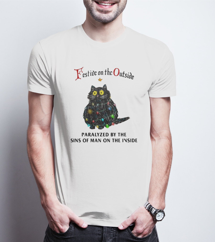 Festive On The Outside Paralyzed By The Sins Of Man On The Inside Cat Wrapped In Christmas Lights T-Shirt