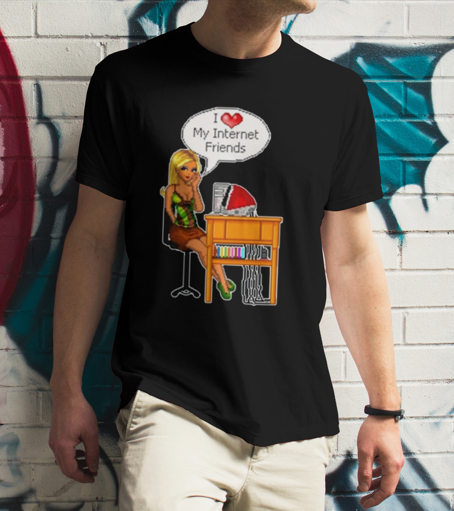 Cherrykitten I Love My Internet Friends Y2K Vintage Blonde Girl At Desk Pixel T-Shirt