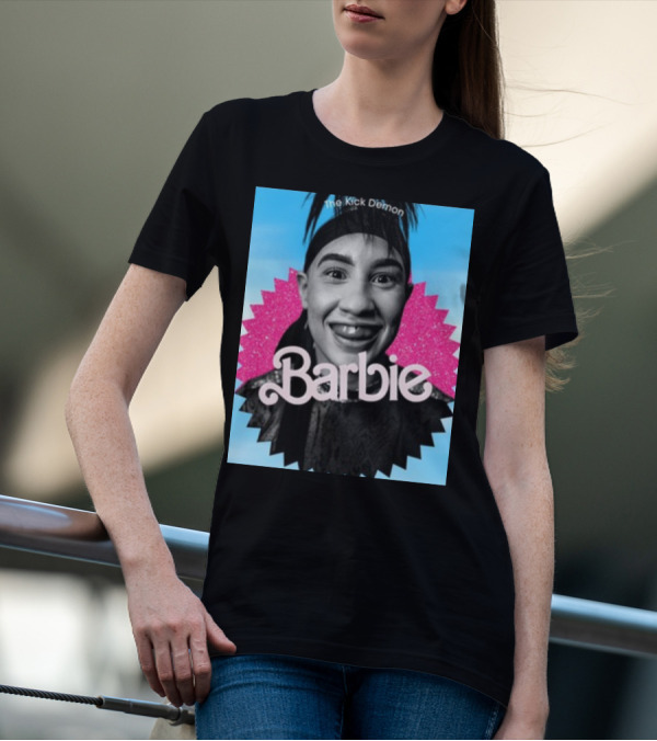 Kick Demon Barbie Smiling Portrait With Pink Starburst Background T-Shirt