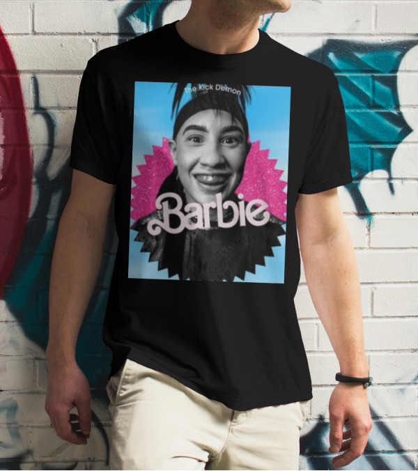 Kick Demon Barbie Smiling Portrait With Pink Starburst Background T-Shirt