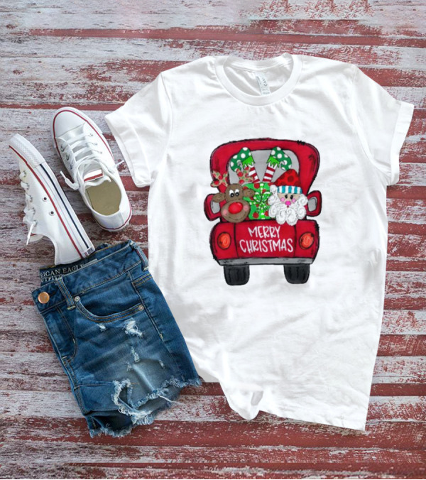 Merry Christmas Santa And Reindeer With Presents In Truck T-Shirt